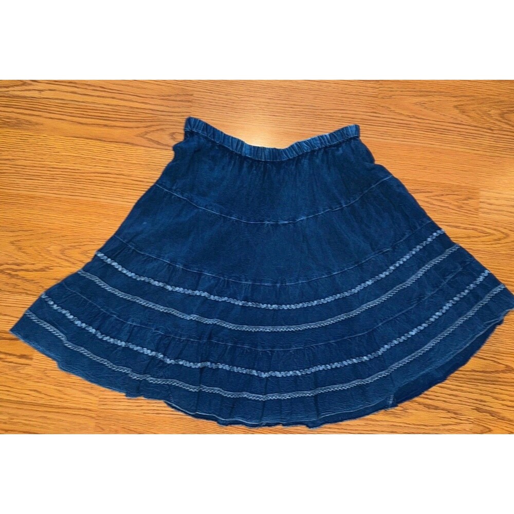 Boho Festival Tiered Denim Skirt Ruffle Embellish Lace West Knee length Medium